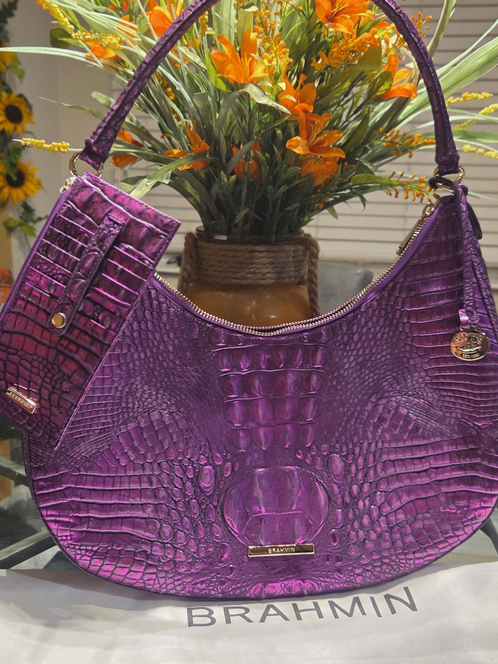 Brahmin Purple Croc-Embossed Large Hobo Bag With Credit Card Holder With Zipper